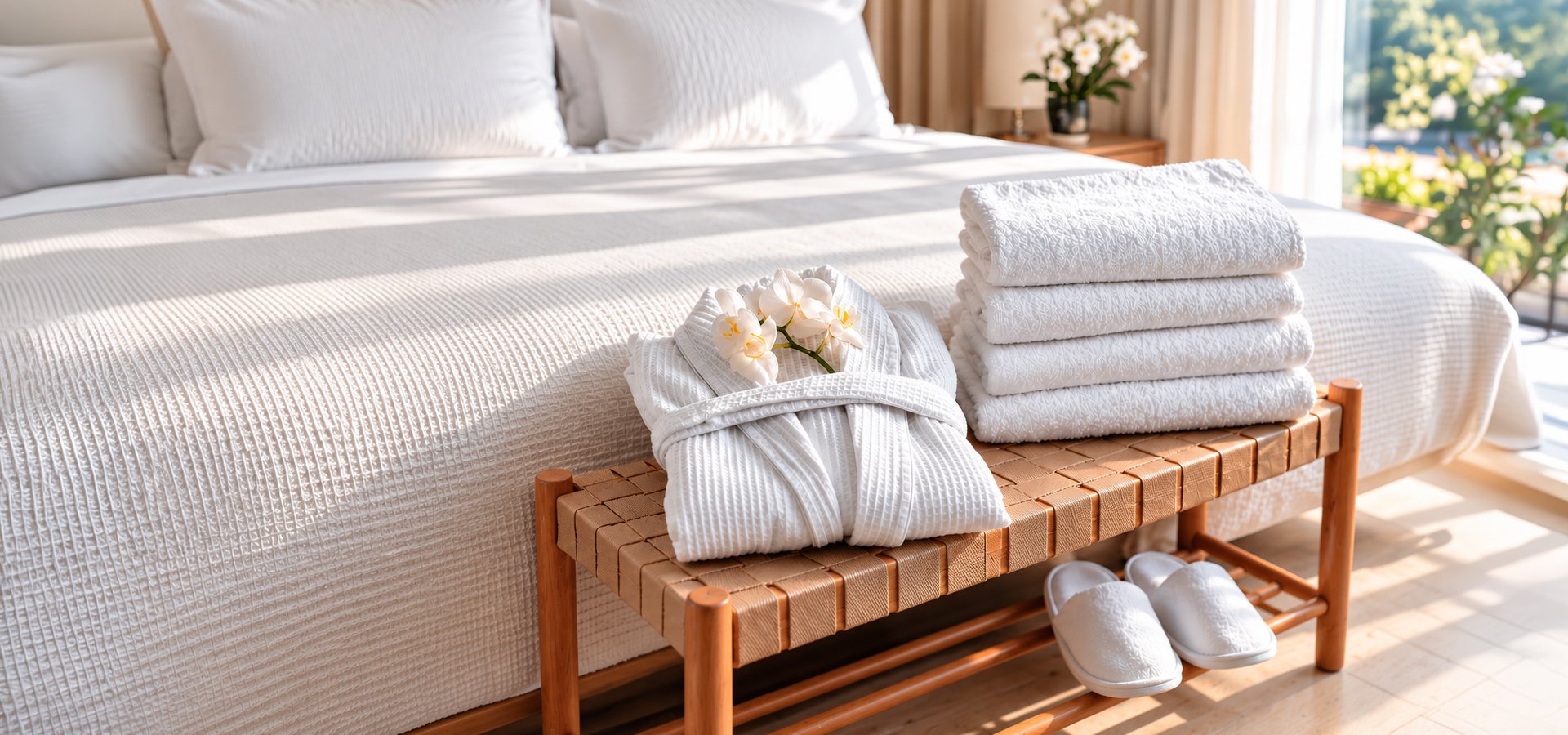 Hotel bedroom with folded towels and slippers