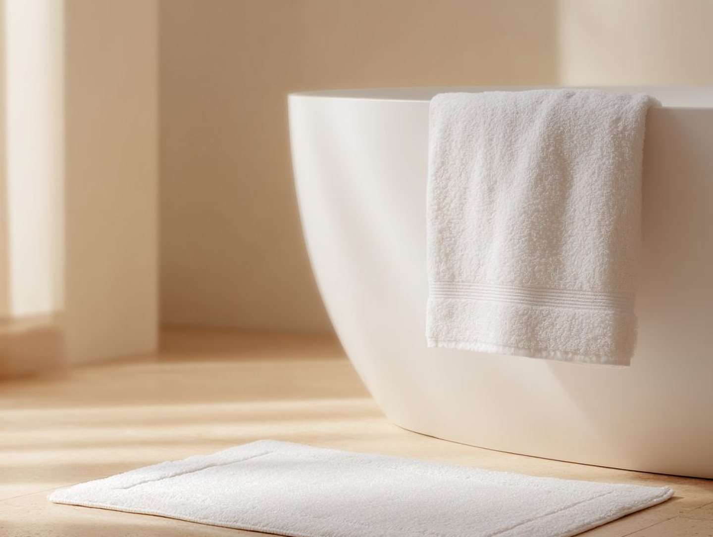 White towel draped over a freestanding bathtub