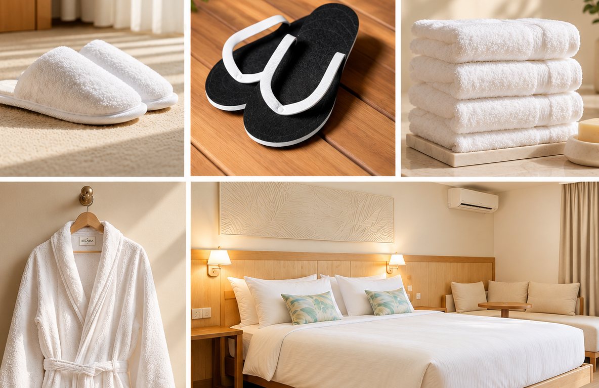 Guest slippers, towels, a robe and a made hotel bed