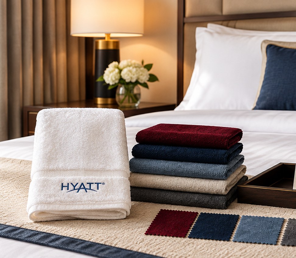 Hyatt branded towel with colour swatches on a hotel bed