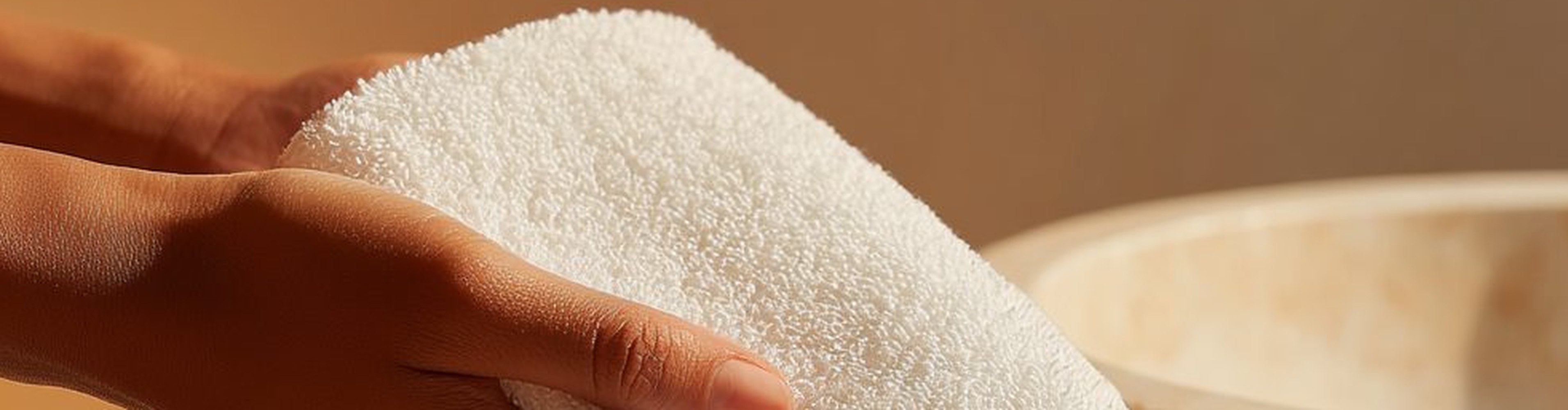 Hand holding a folded white hotel towel