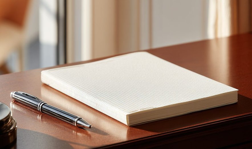Notebook and pen on a wooden desk