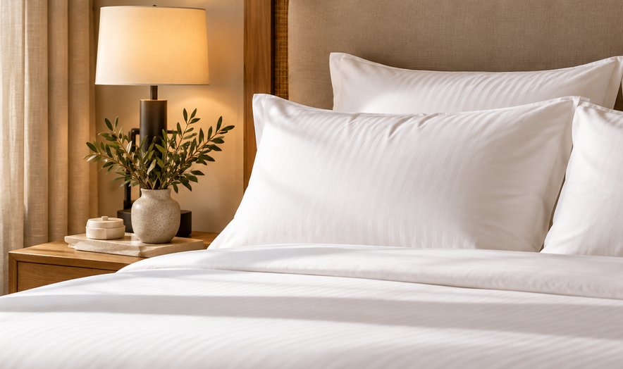 Hotel bed with white bedding