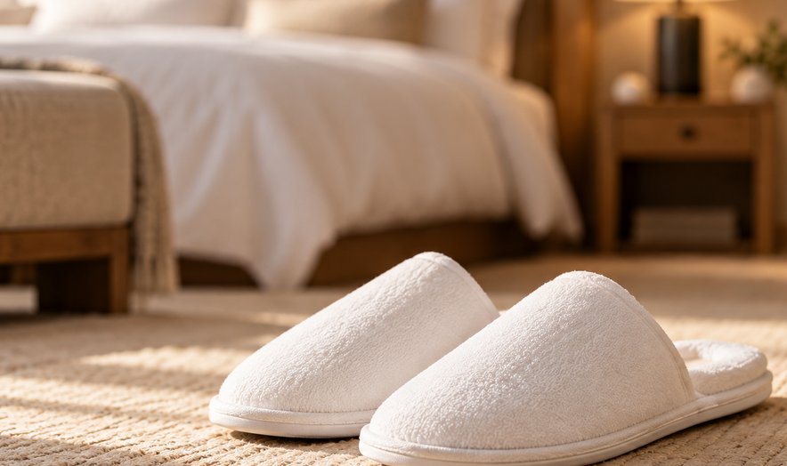 White hotel slippers on a rug