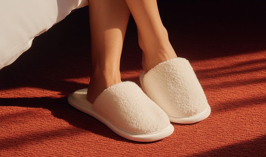 Guest wearing white slippers on a red carpet
