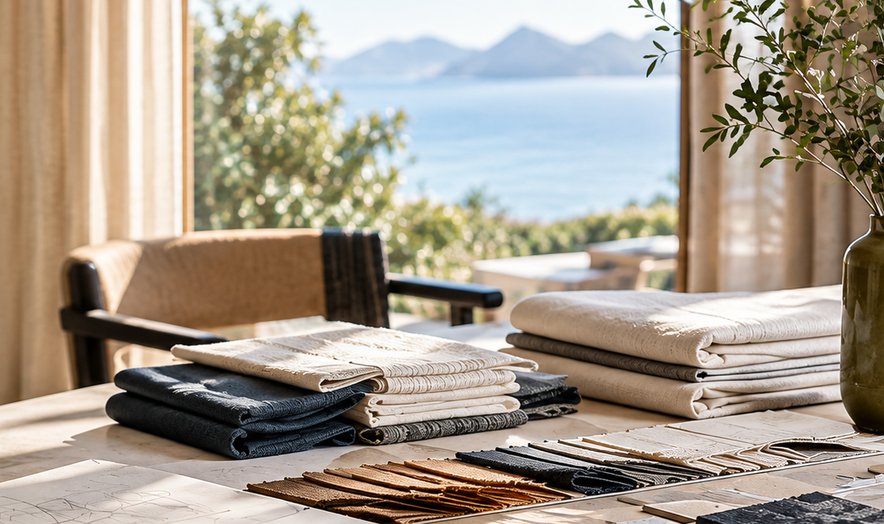 Fabric swatches and folded textiles on a table by the sea