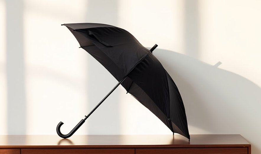 Black umbrella leaning against a wall