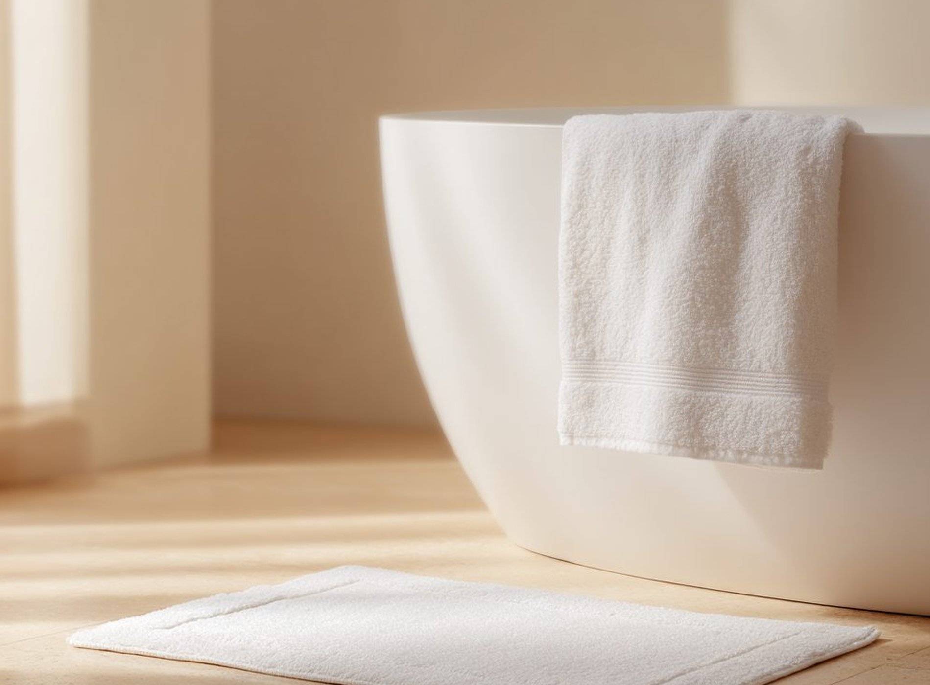 White towel draped over a freestanding bathtub