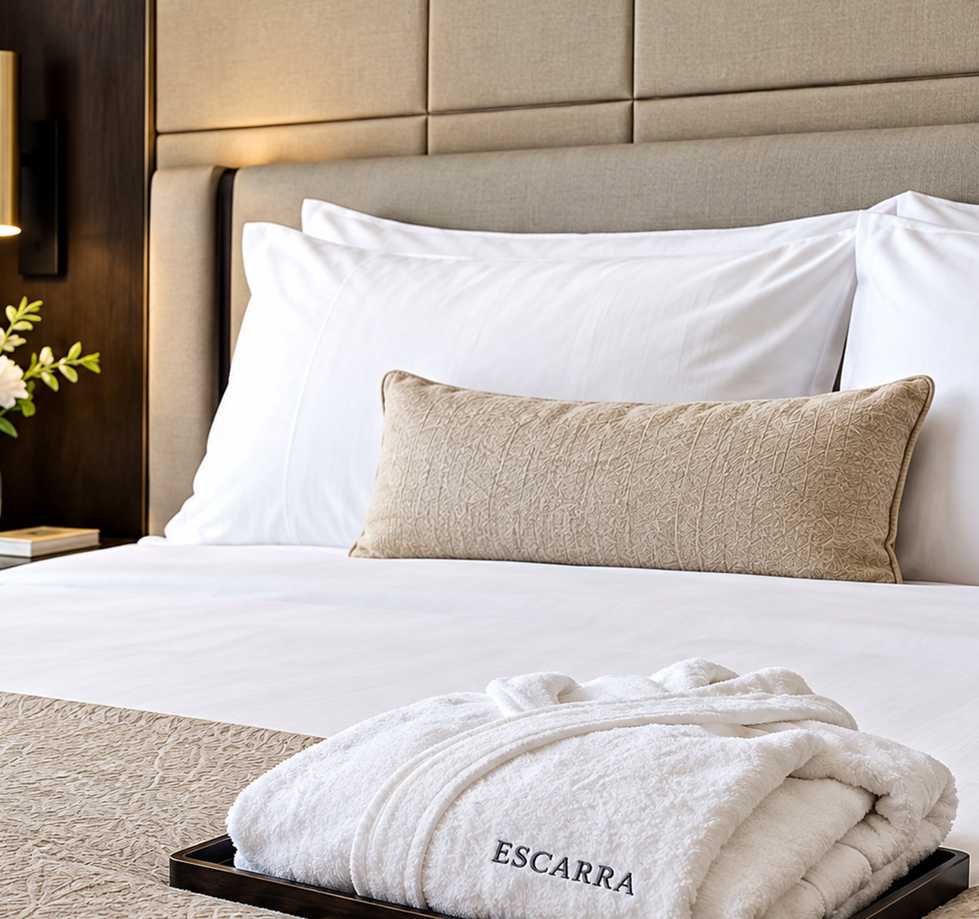 Hotel bed with an Escarra robe